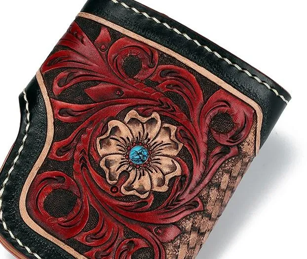 Handmade Leather Small Tooled Floral Mens billfold Wallet Cool Chain Wallet Biker Wallet for Men