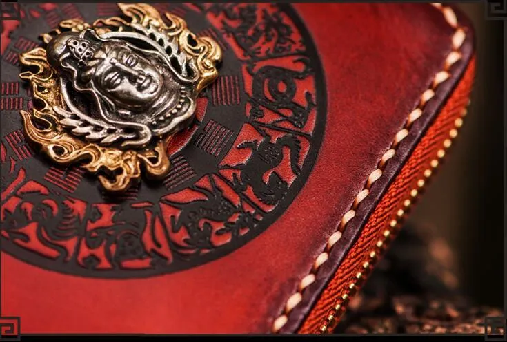 Handmade Leather Small Tooled Mens billfold Wallet Cool Chain Wallet Biker Wallets for Men