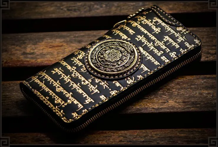 Handmade Leather Tibetan Mens Biker Chain Wallet Cool Leather Wallet Long Clutch Wallets for Men