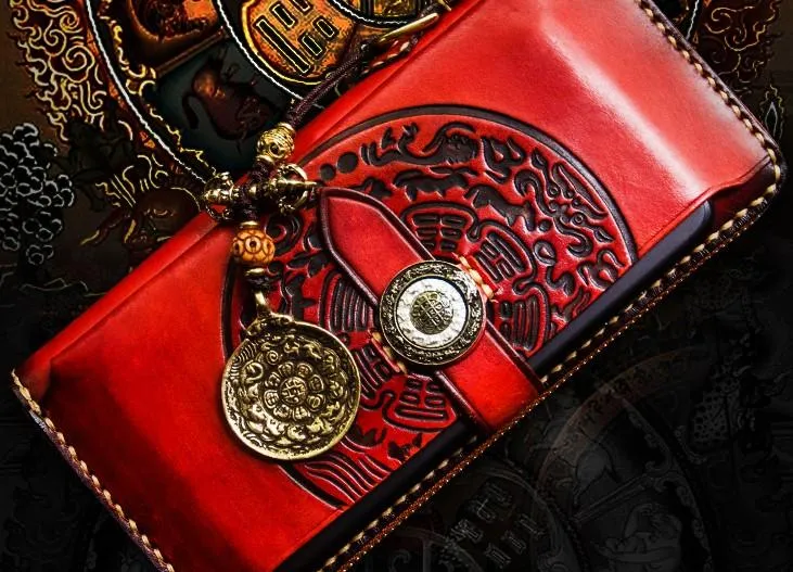 Handmade Leather Tibetan Mens Chain Biker Wallets Cool Leather Wallet Long Clutch Wallets for Men