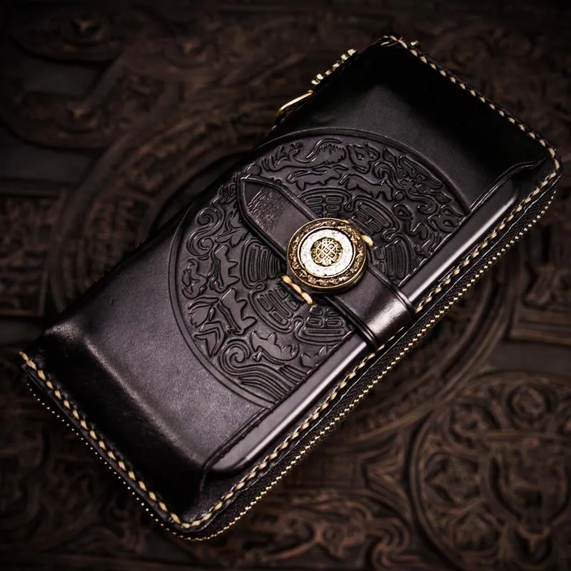 Handmade Leather Tibetan Mens Chain Biker Wallets Cool Leather Wallet Long Clutch Wallets for Men