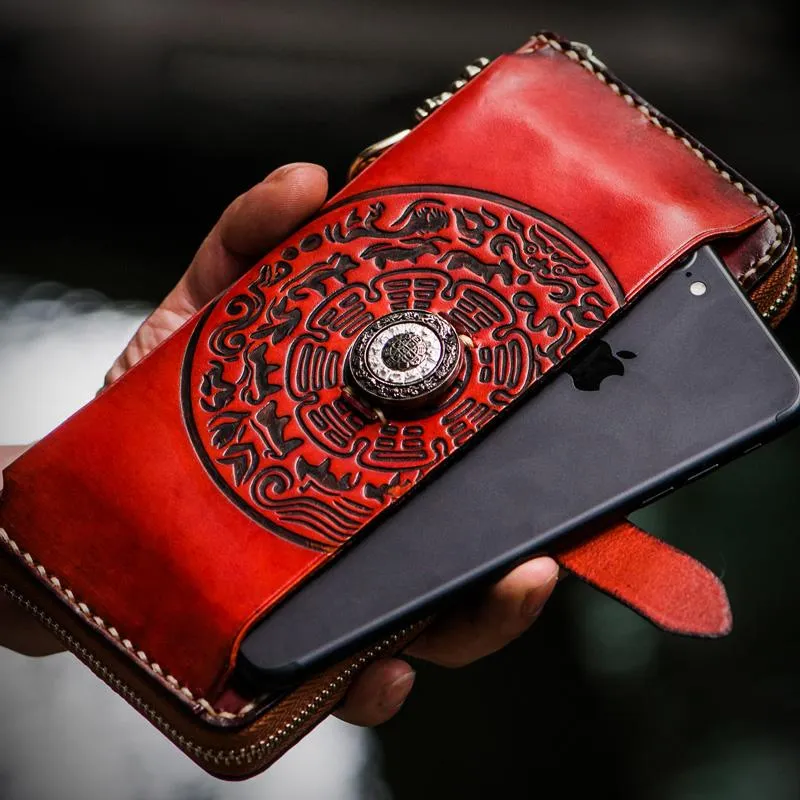 Handmade Leather Tibetan Mens Chain Biker Wallets Cool Leather Wallet Long Clutch Wallets for Men