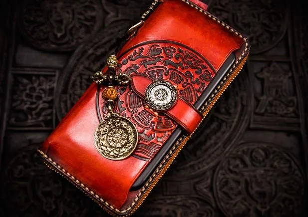 Handmade Leather Tibetan Mens Chain Biker Wallets Cool Leather Wallet Long Clutch Wallets for Men