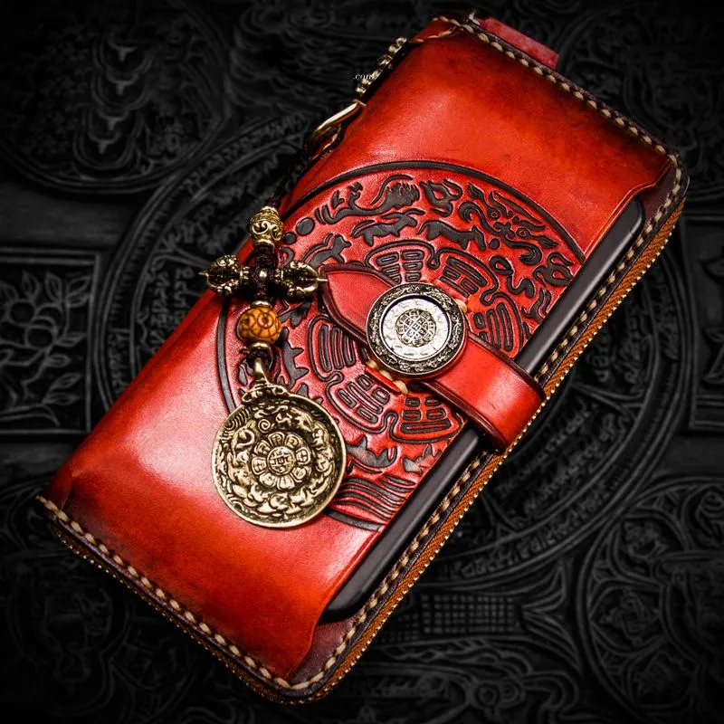 Handmade Leather Tibetan Mens Chain Biker Wallets Cool Leather Wallet Long Clutch Wallets for Men