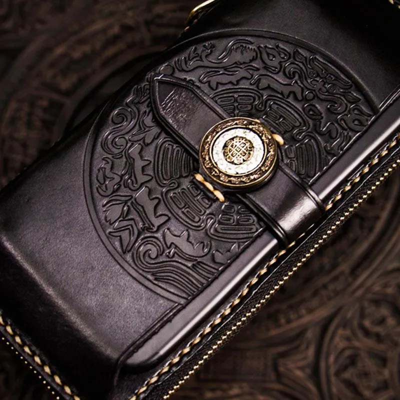 Handmade Leather Tibetan Mens Chain Biker Wallets Cool Leather Wallet Long Clutch Wallets for Men