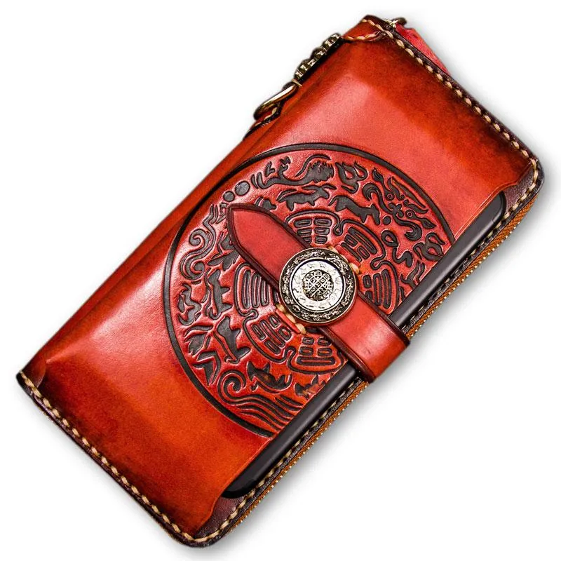 Handmade Leather Tibetan Mens Chain Biker Wallets Cool Leather Wallet Long Clutch Wallets for Men