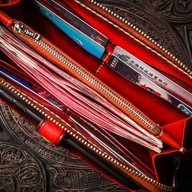 Handmade Leather Tibetan Mens Chain Biker Wallets Cool Leather Wallet Long Clutch Wallets for Men