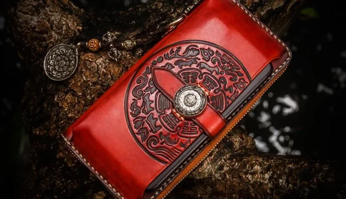 Handmade Leather Tibetan Mens Chain Biker Wallets Cool Leather Wallet Long Clutch Wallets for Men