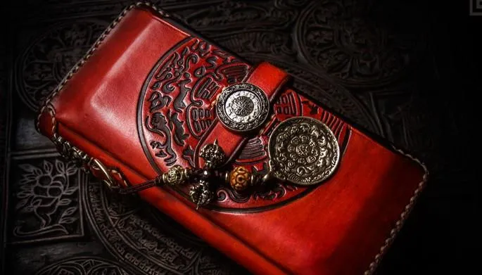 Handmade Leather Tibetan Mens Chain Biker Wallets Cool Leather Wallet Long Clutch Wallets for Men