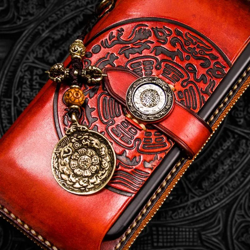 Handmade Leather Tibetan Mens Chain Biker Wallets Cool Leather Wallet Long Clutch Wallets for Men