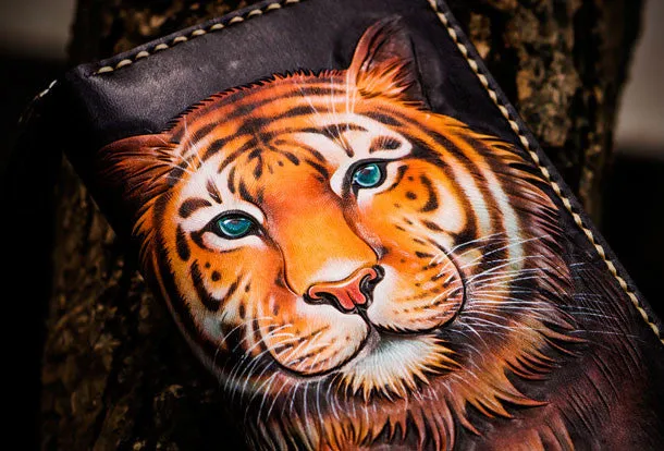 Handmade leather tiger biker wallet long wallet black leather men phone
