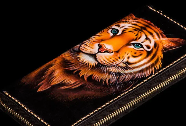 Handmade leather tiger biker wallet long wallet black leather men phone