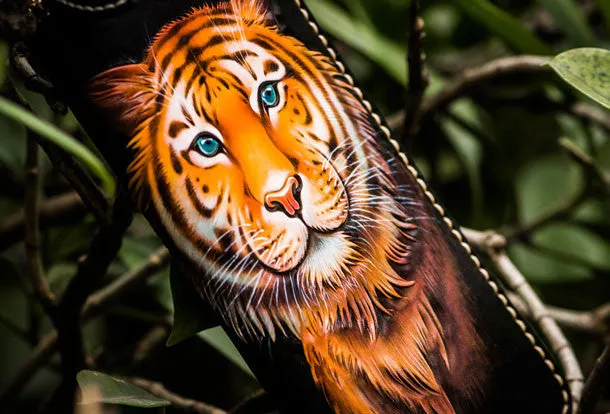 Handmade leather tiger biker wallet long wallet black leather men phone