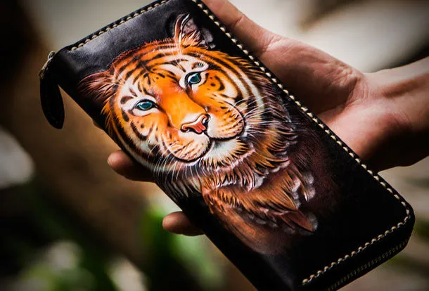 Handmade leather tiger biker wallet long wallet black leather men phone