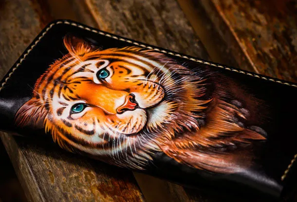 Handmade leather tiger biker wallet long wallet black leather men phone