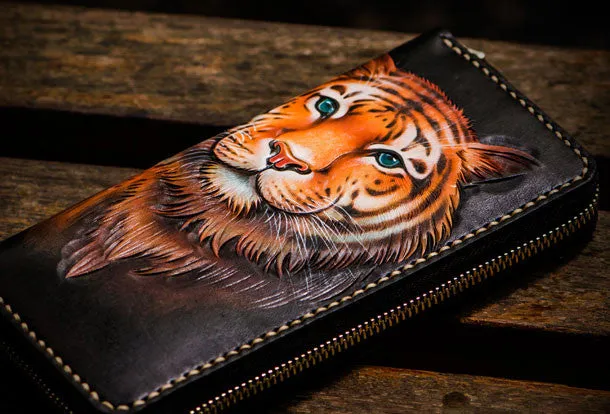 Handmade leather tiger biker wallet long wallet black leather men phone