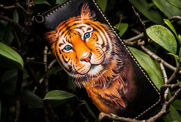 Handmade leather tiger biker wallet long wallet black leather men phone