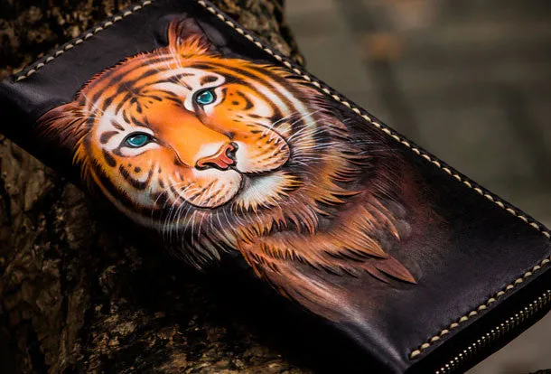 Handmade leather tiger biker wallet long wallet black leather men phone