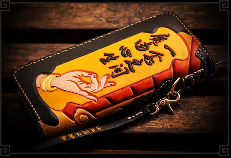 Handmade Leather Tooled At Whim Mens Chain Biker Wallet Cool Leather Wallet Long Phone Wallets for Men