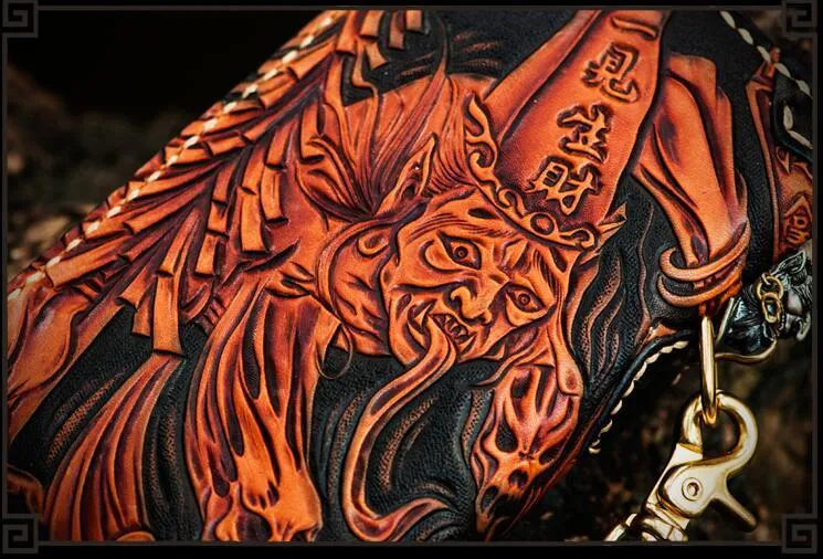 Handmade Leather Tooled Black and White Mens Chain Biker Wallet Cool Leather Wallet Long Phone Wallets for Men