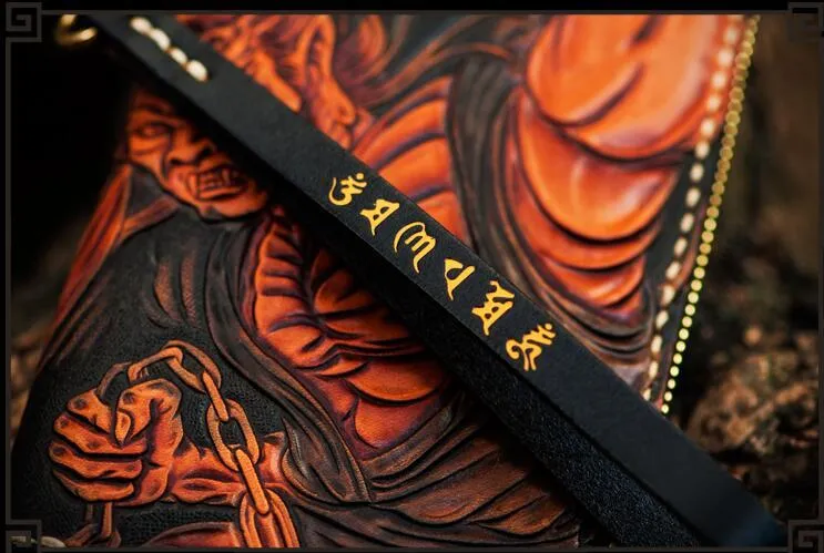Handmade Leather Tooled Black and White Mens Chain Biker Wallet Cool Leather Wallet Long Phone Wallets for Men