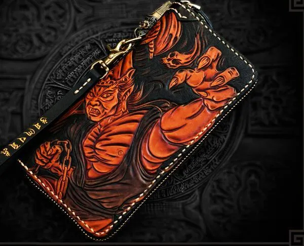 Handmade Leather Tooled Black and White Mens Chain Biker Wallet Cool Leather Wallet Long Phone Wallets for Men