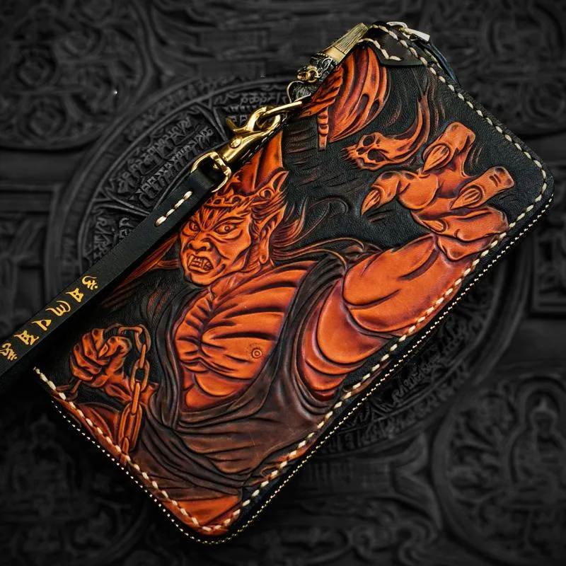 Handmade Leather Tooled Black and White Mens Chain Biker Wallet Cool Leather Wallet Long Phone Wallets for Men