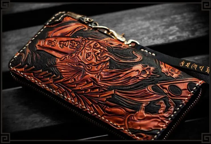 Handmade Leather Tooled Black and White Mens Chain Biker Wallet Cool Leather Wallet Long Phone Wallets for Men