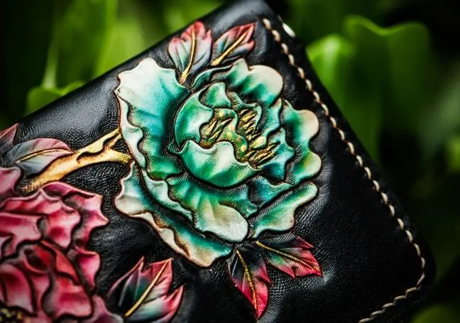 Handmade Leather Tooled Black Peony Cool Leather Wallet Zipper Long Phone Clutch Wallets for Women