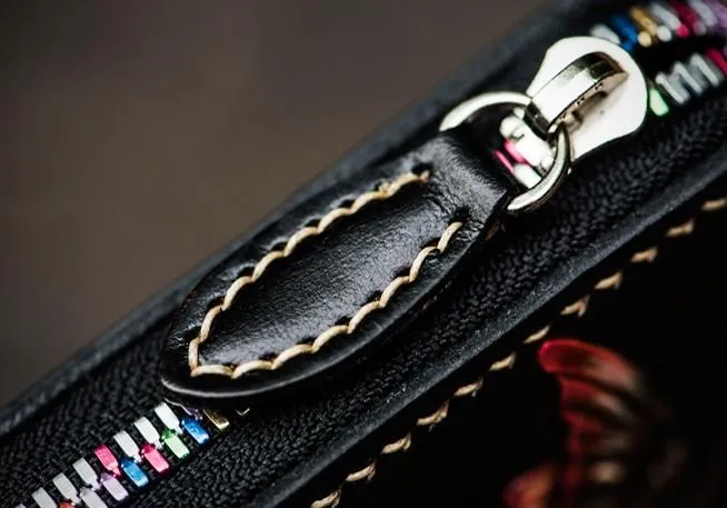 Handmade Leather Tooled Black Peony Cool Leather Wallet Zipper Long Phone Clutch Wallets for Women