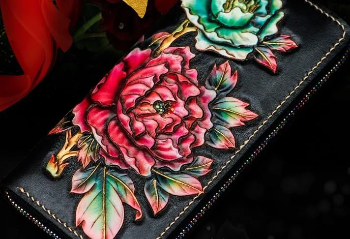 Handmade Leather Tooled Black Peony Cool Leather Wallet Zipper Long Phone Clutch Wallets for Women
