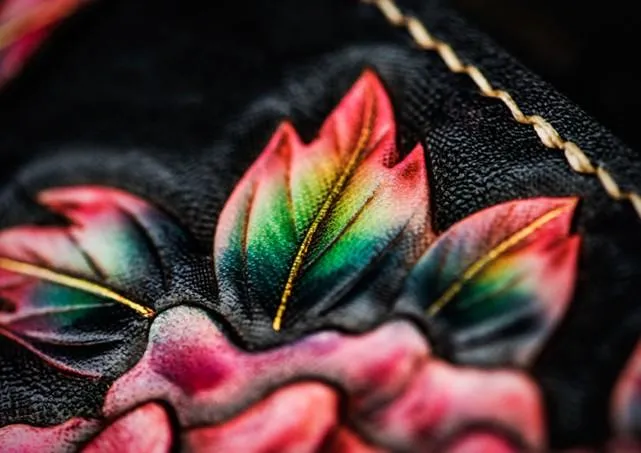 Handmade Leather Tooled Black Peony Cool Leather Wallet Zipper Long Phone Clutch Wallets for Women