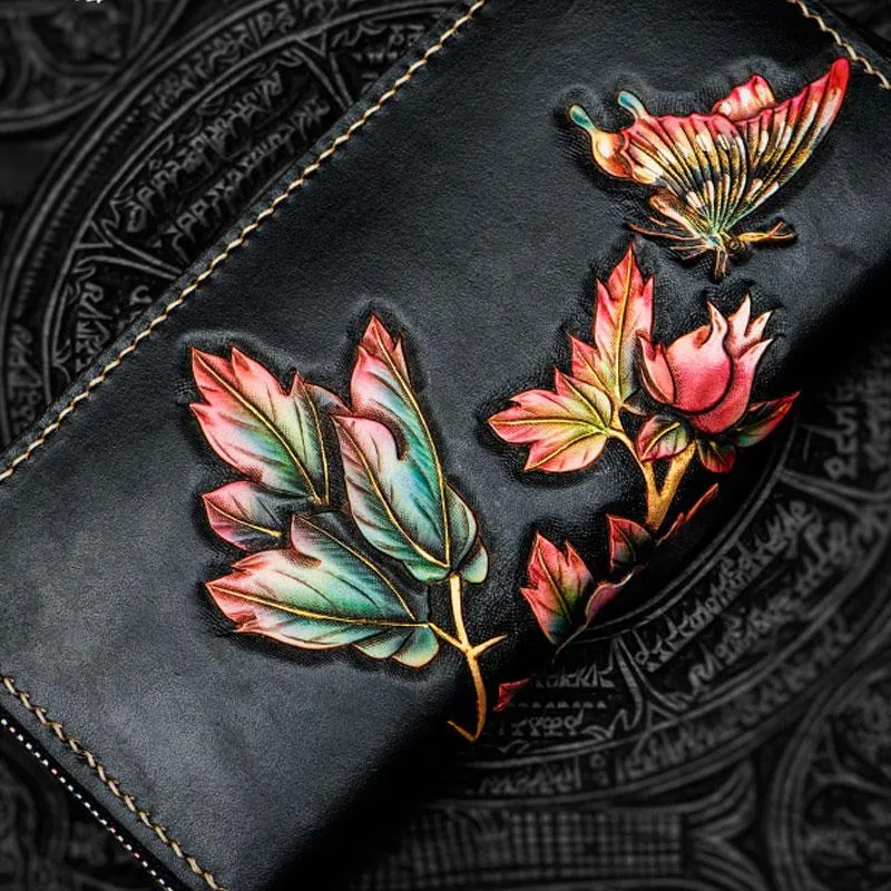 Handmade Leather Tooled Black Peony Cool Leather Wallet Zipper Long Phone Clutch Wallets for Women