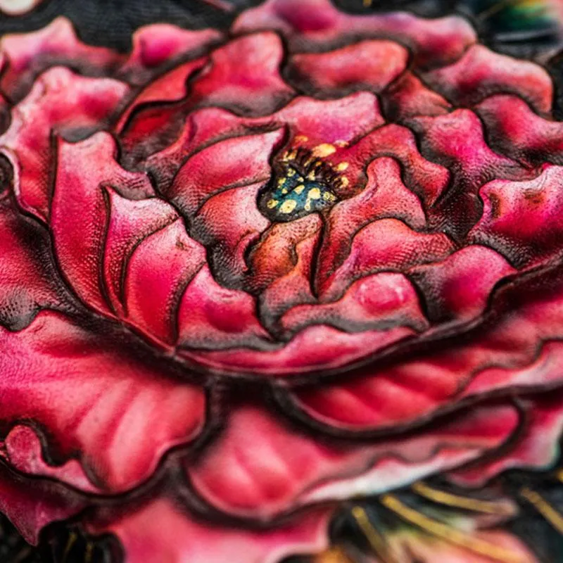 Handmade Leather Tooled Black Peony Cool Leather Wallet Zipper Long Phone Clutch Wallets for Women