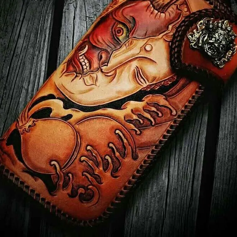 Handmade Leather Tooled Buddha&Demon Mens Chain Long Biker Wallet Cool Leather Wallet With Chain Wallets for Men