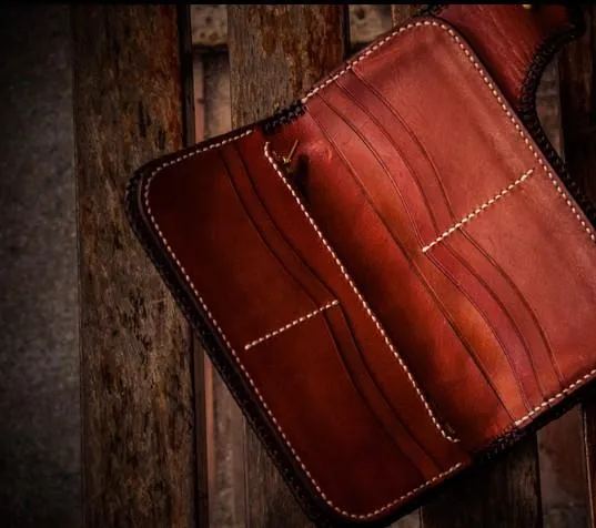 Handmade Leather Tooled Buddha&Demon Mens Chain Long Biker Wallet Cool Leather Wallet With Chain Wallets for Men