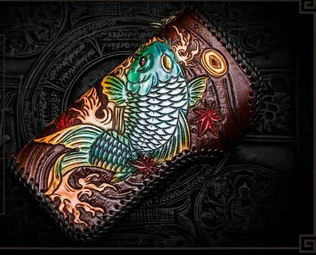 Handmade Leather Tooled Carp Mens Biker Chain Wallet Cool Leather Wallet Long Chain Wallets for Men