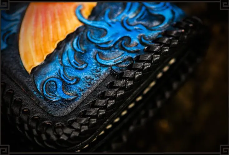 Handmade Leather Tooled Carp Mens Biker Chain Wallet Cool Leather Wallet Long Phone Wallets for Men