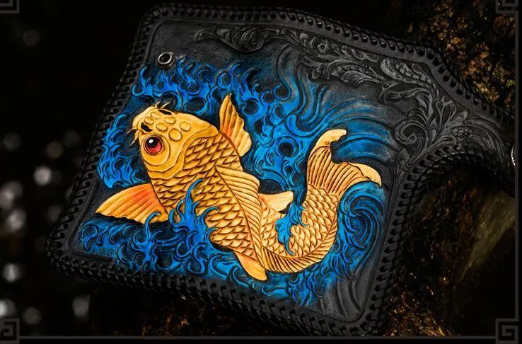 Handmade Leather Tooled Carp Mens Biker Chain Wallet Cool Leather Wallet Long Phone Wallets for Men