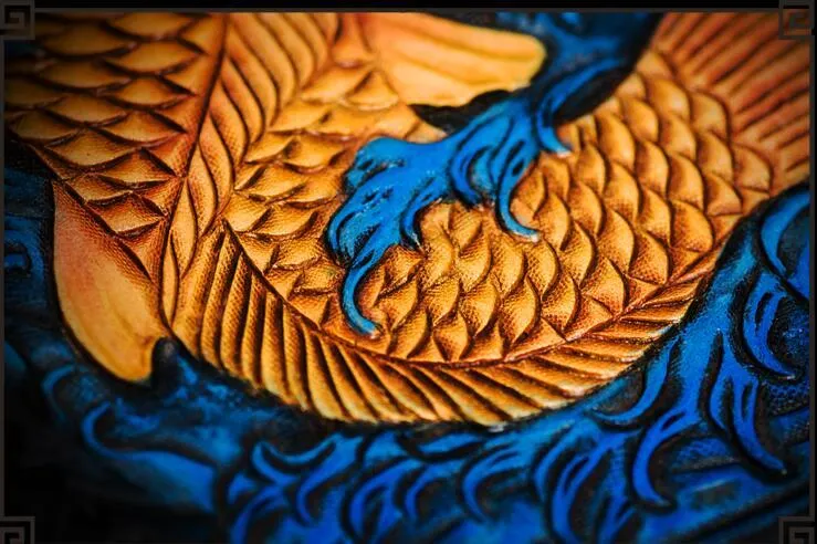 Handmade Leather Tooled Carp Mens Biker Chain Wallet Cool Leather Wallet Long Phone Wallets for Men