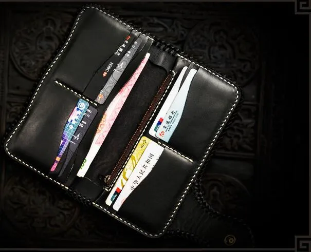 Handmade Leather Tooled Carp Mens Biker Chain Wallet Cool Leather Wallet Long Phone Wallets for Men
