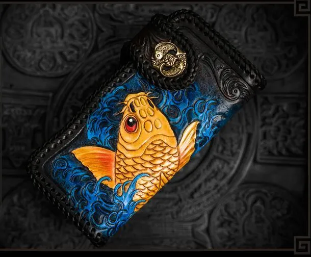 Handmade Leather Tooled Carp Mens Biker Chain Wallet Cool Leather Wallet Long Phone Wallets for Men