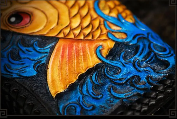 Handmade Leather Tooled Carp Mens Biker Chain Wallet Cool Leather Wallet Long Phone Wallets for Men