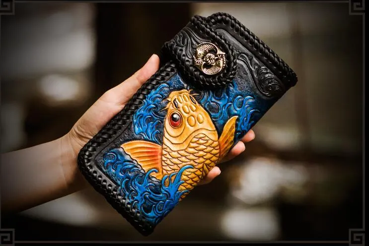 Handmade Leather Tooled Carp Mens Biker Chain Wallet Cool Leather Wallet Long Phone Wallets for Men