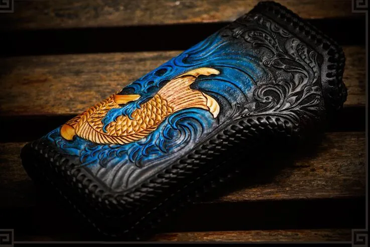 Handmade Leather Tooled Carp Mens Biker Chain Wallet Cool Leather Wallet Long Phone Wallets for Men