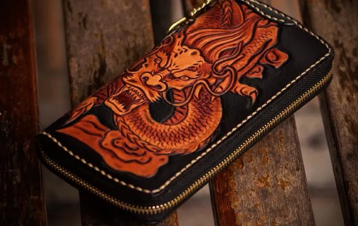 Handmade Leather Tooled Chinese Dragon Mens Chain Biker Wallet Cool Leather Wallet Zipper Long Phone Wallets for Men