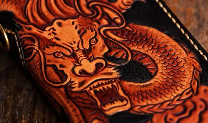 Handmade Leather Tooled Chinese Dragon Mens Chain Biker Wallet Cool Leather Wallet Zipper Long Phone Wallets for Men