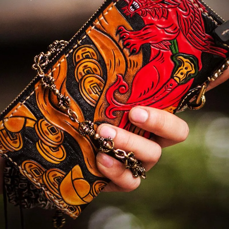 Handmade Leather Tooled Chinese Monster Mens Chain Biker Wallet Cool Leather Wallet Zipper Long Phone Wallets for Men