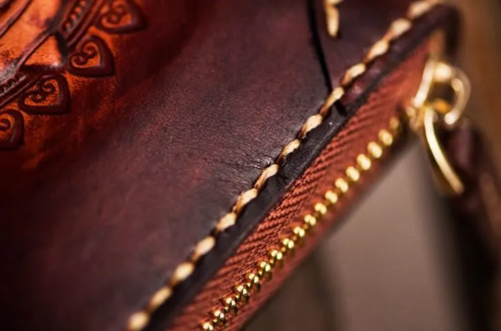 Handmade Leather Tooled Ganesh Mens Chain Biker Wallets Cool Leather Wallet Zipper Long Wallets for Men