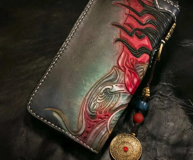 Handmade Leather Tooled Mah??k??la Mens Chain Biker Wallet Cool Leather Wallet Long Clutch Wallets for Men
